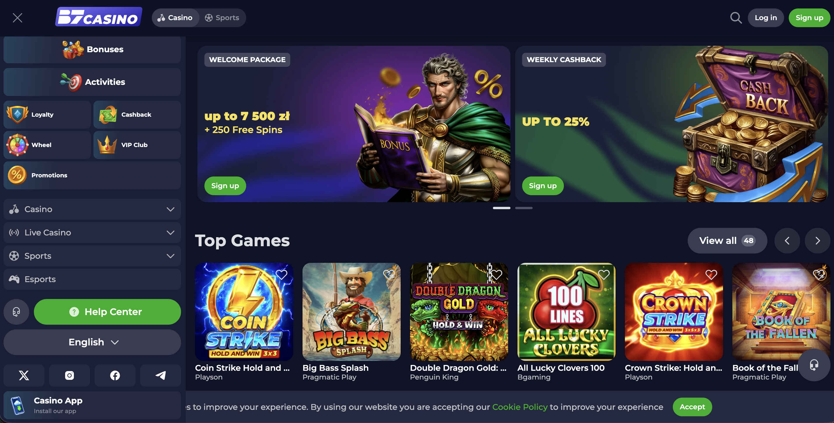 B7 Casino interface op een mobiel scherm