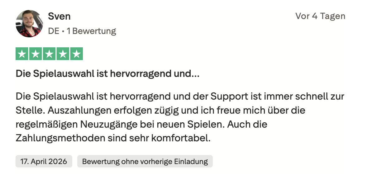 B7 Casino Duitse speler Sven positieve Trustpilot review rapport