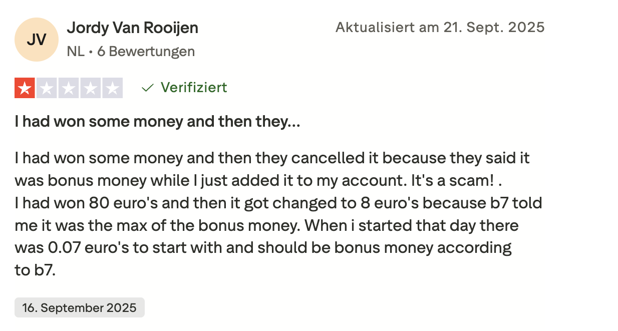B7 Casino Jordy Van Rooijen negatieve Trustpilot review bonusprobleem