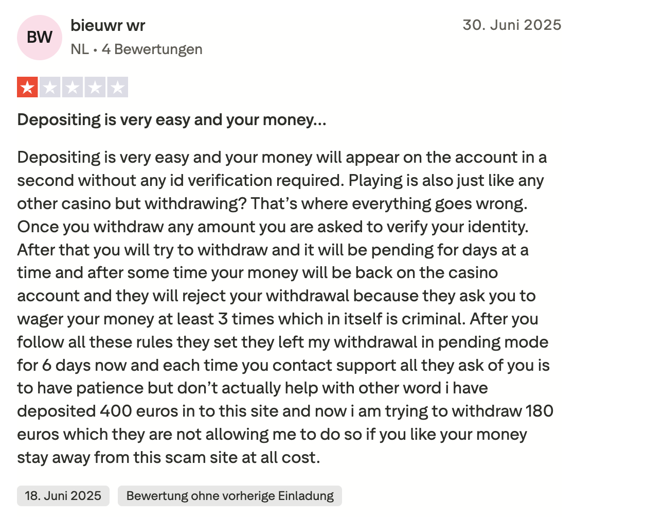 B7 Casino negatieve Trustpilot review uitbetalingsproblemen 18 juni 2025