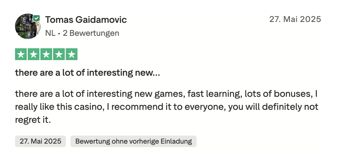 B7 Casino Tomas Galdamovic enthousiaste positieve Trustpilot spelerreview 27 mei