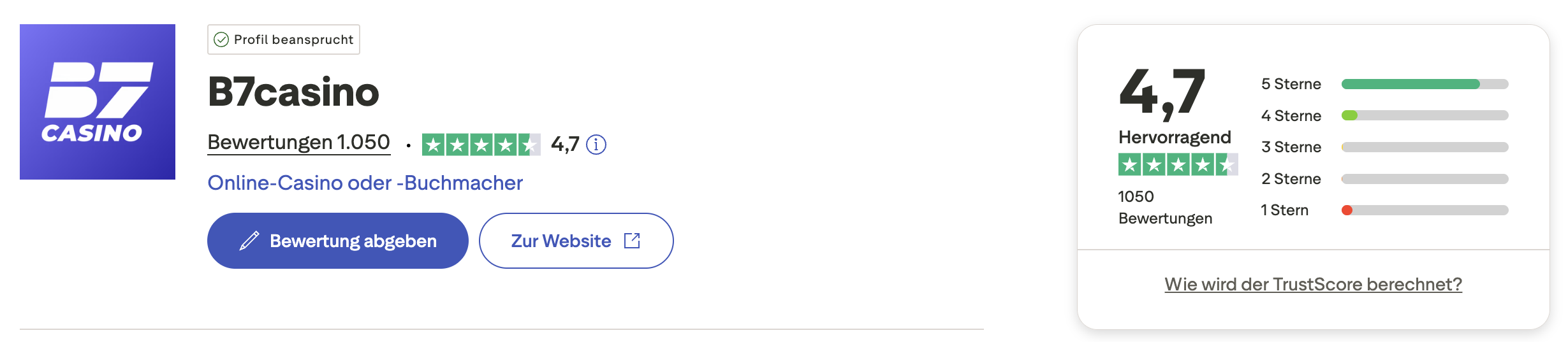 B7 Casino Trustpilot reviews totaaloverzicht met sterren